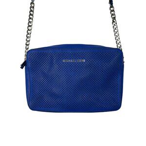 Michael Kors Jet Set Crossbody Bag Royal Blue Perforated Leather Silver Accents